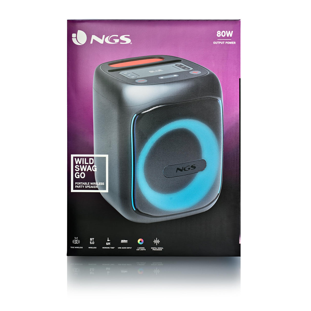 NGS Wild Swag Go - Altavoz Portátil, Compatible con la Tecnología Bluetooth 5.0, True Wireless Stereo, Luces y Pantalla LED, Entrada USB, Audio TF y Auxiliar, 24 x 23 x 30 cm, 80 W, Color Negro