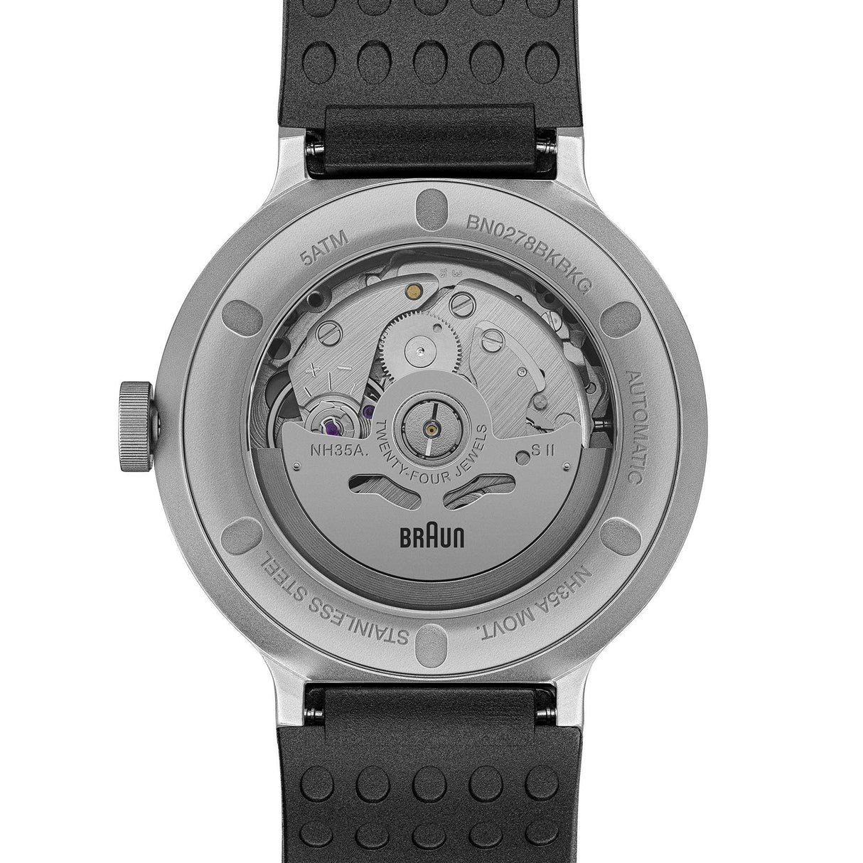 Braun Automatic 3-Hand 40mm Mens Watch with Date Analogue Watch, Rubber Strap, 40mm Stainless Steel Case with Black Dial, Model BN0278BKBKG.