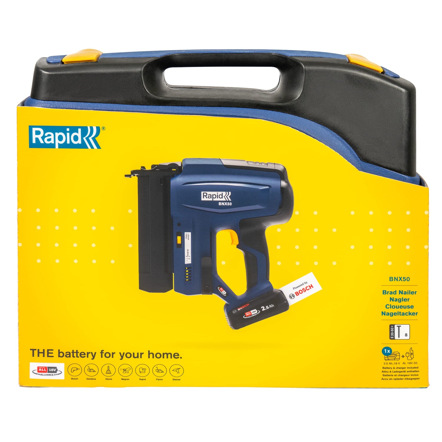 Rapid BNX50 Kit de Clavadora Eléctrica Sistema 18V Power for All Inalámbrica de Clavos con Luz LED, para Clavos N.º 8 y con Disparo Simple o de Impacto, Batería de 2.5 Ah, Cargador y Maleta (5001498)