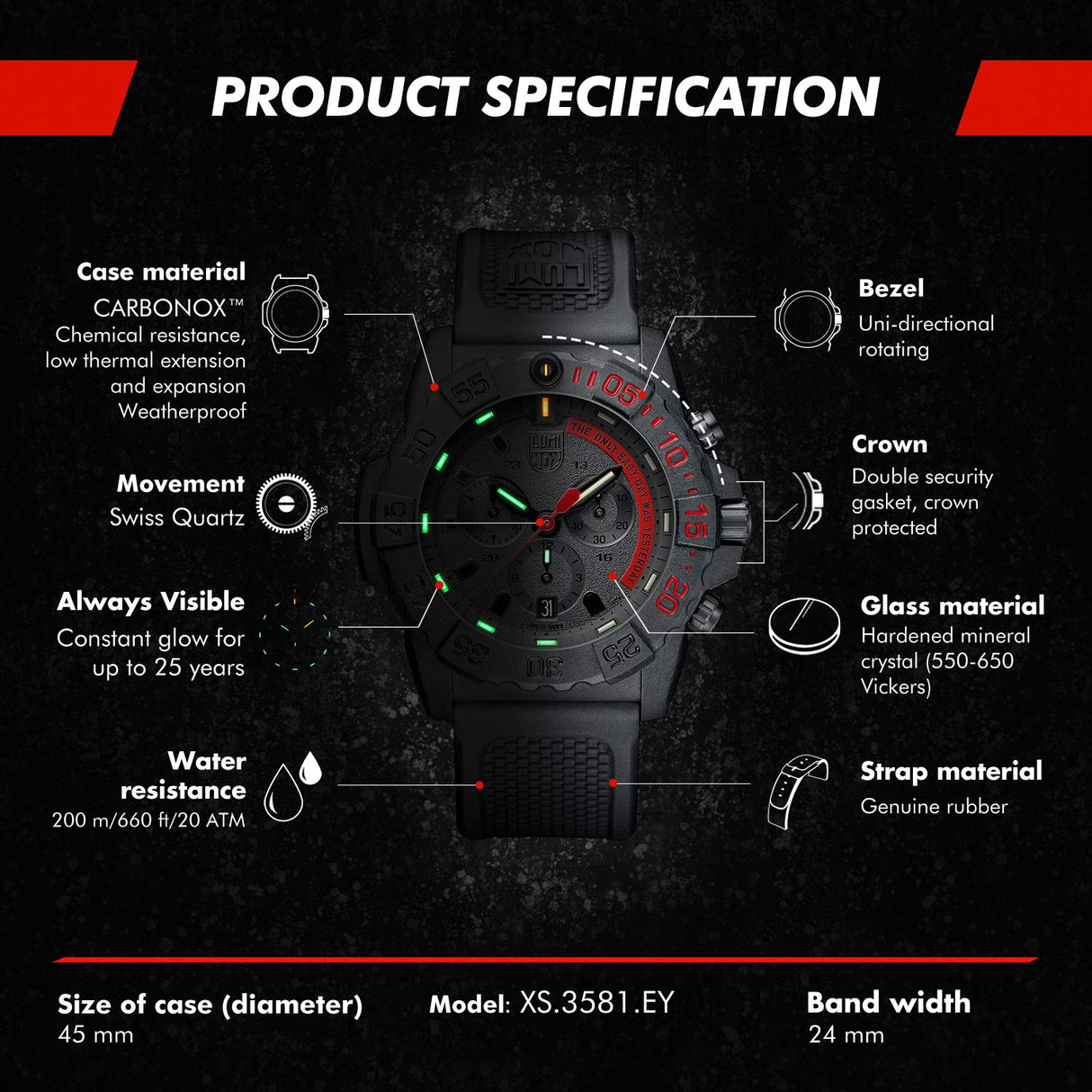 Luminox Navy Seal XS.3581.EY Reloj Caballero 45mm - Reloj de Buceo Militar en Negro Cronógrafo con función de Fecha Resistente al Agua 200m