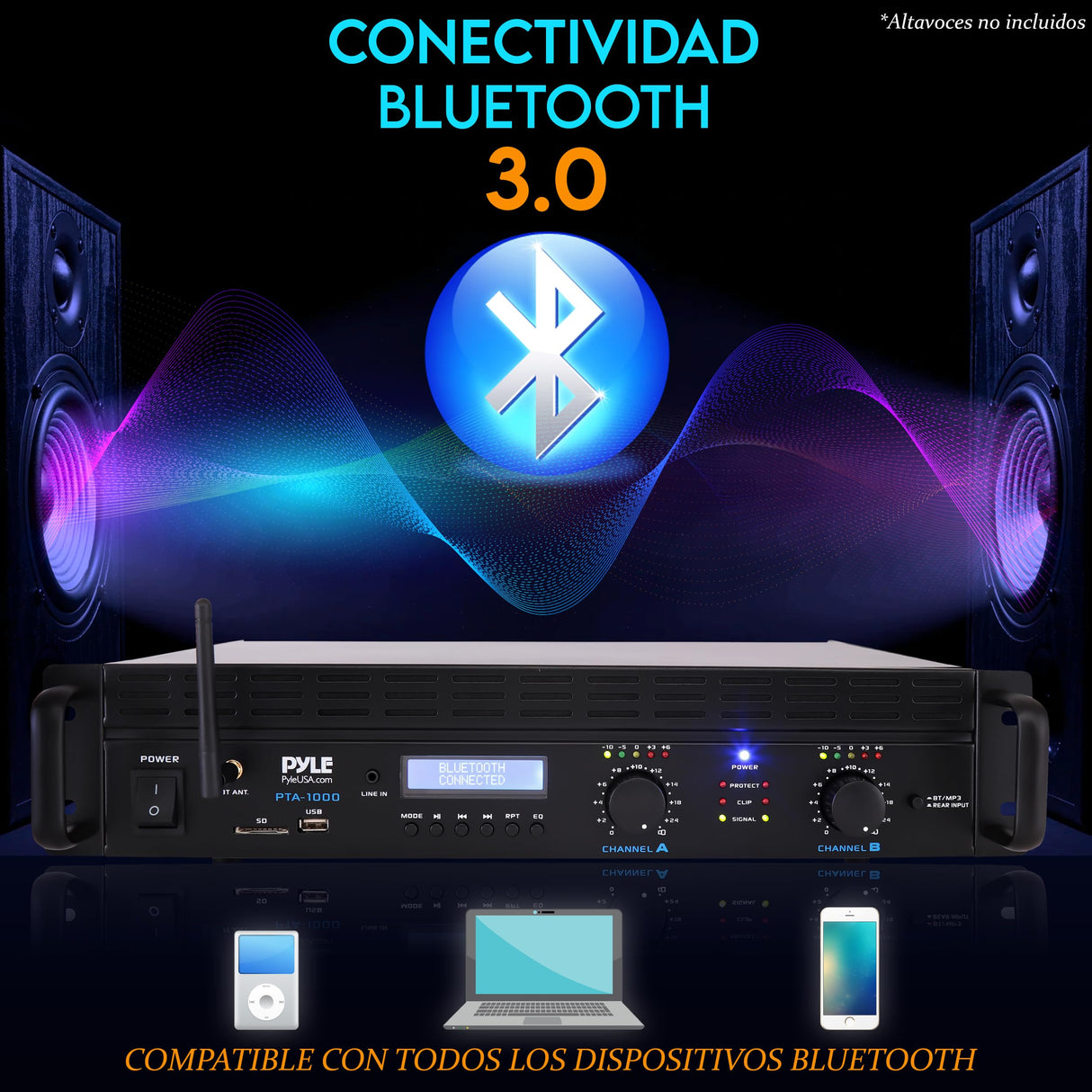 Pyle Amplificador de Sonido, para el hogar, 2000W, Bluetooth, Estereo, Entradas TRS XLR, LCD, 2 Canales, Modo Puente, Ventilador de refrigeracion