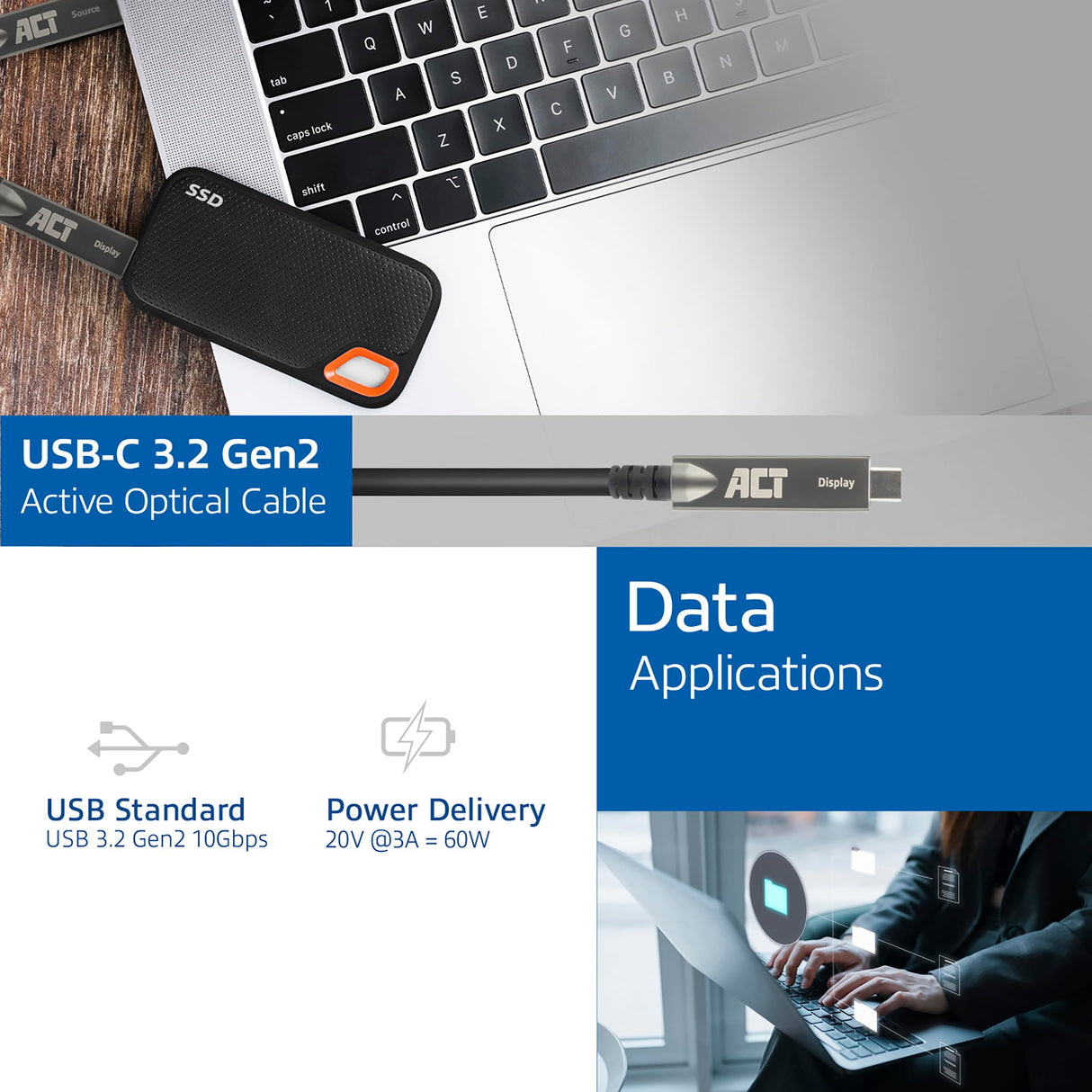 ACT AK4323 - Cable de vídeo USB C Active (AOC) de 3 m, USB 3.2 Gen2, 10 Gbps de alta velocidad, fibra óptica activa USB C, para paneles táctiles, videoconferencia