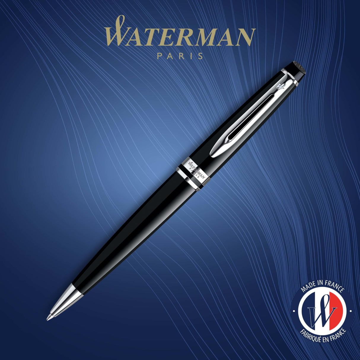 Waterman Expert bolígrafo, color negro brillante con adorno cromado, punta media con cartucho de tinta azul, estuche de regalo