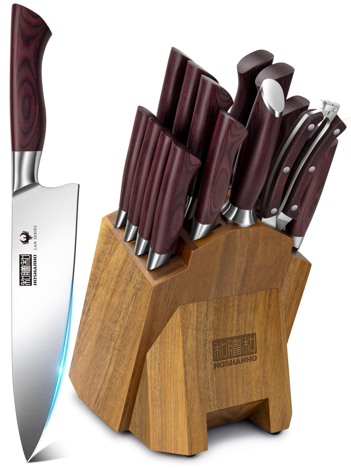 HOSHANHO Juego de Cuchillos de Cocina de 18 Piezas, Juego de Cuchillos de Chef de Acero Inoxidable de Alto Carbono, Juegos de Cuchillos con Bloque Profesional Ultra Afilado con Tijeras