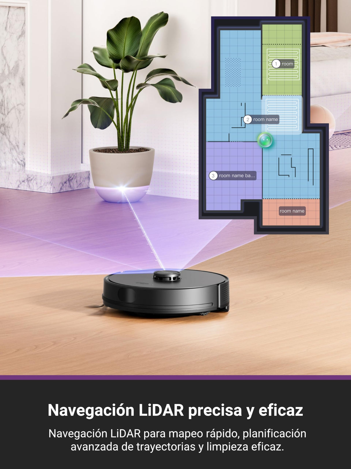 EUREKA E6 Plus Robot Aspirador y Fregasuelos, 5000Pa Succión Potente, Base de Vaciado Automático 2.5L,Sistema LiDAR preciso, Control por App, Diseño Anti-enredo, Ahorrador de Espacio,Mapa Multicapa