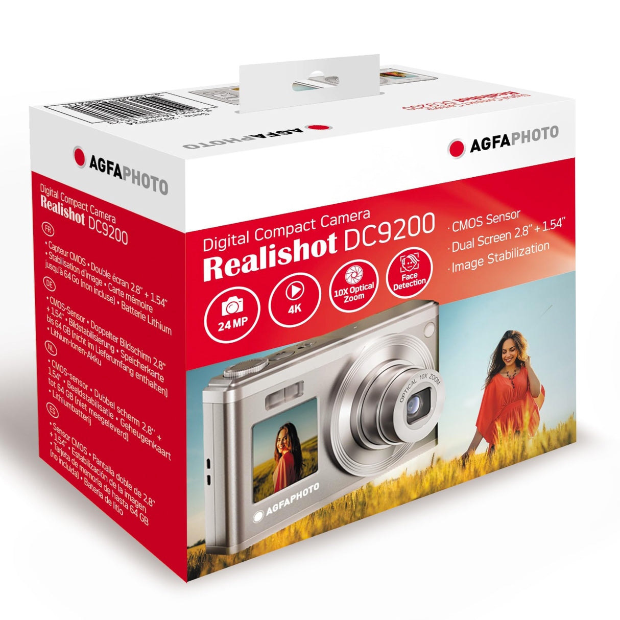 AGFA PHOTO Realishot DC9200 - Cámara Digital Compacta, 24 MP, Video 4K, Zoom Óptico 10X, Pantalla Doble 2.8" + 1.54", Sensor CMOS, Estabilización de Imagen, Batería de Litio - Plata