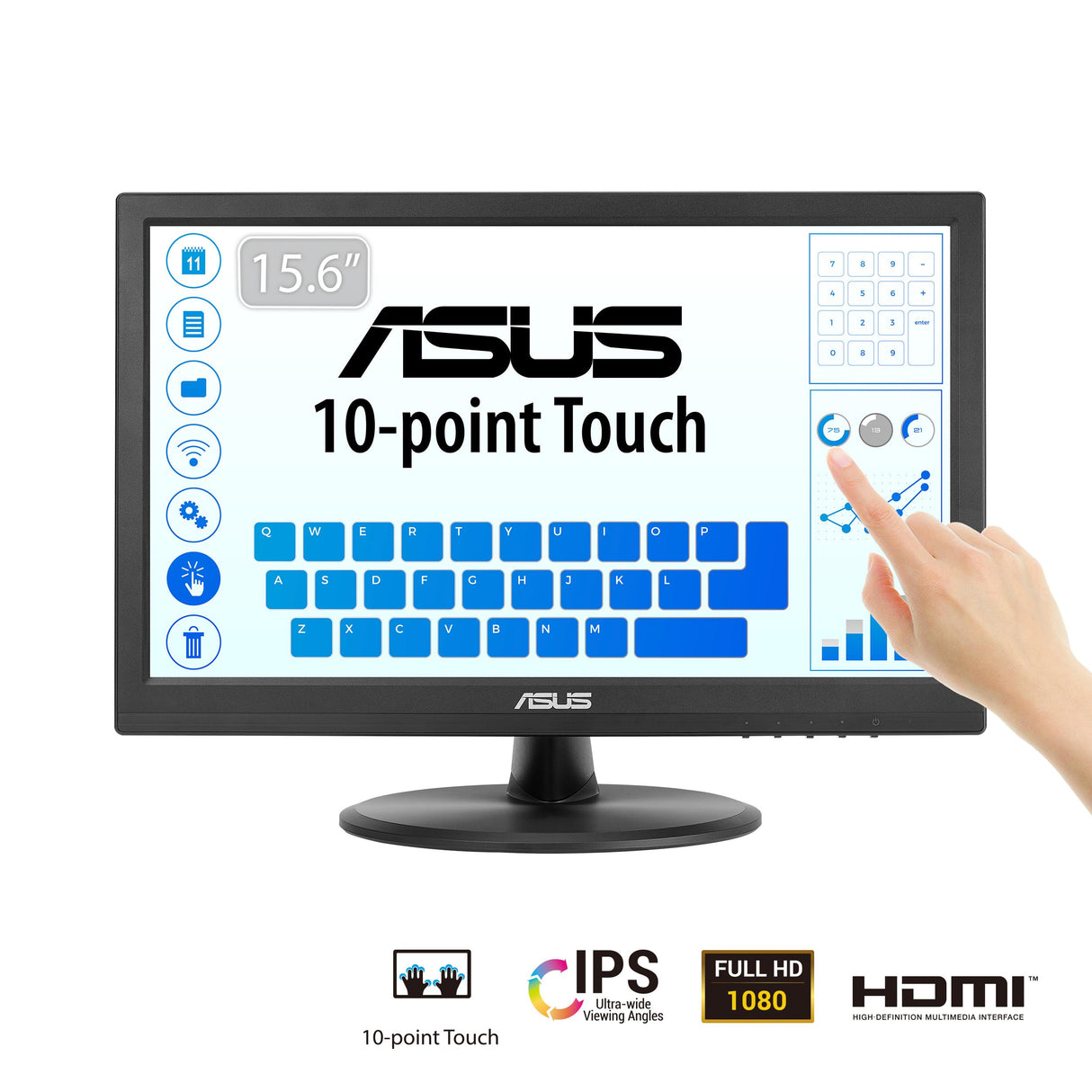 ASUS VT169HE Monitor táctil de 16" FHD (1920 x 1080), táctil de 10 Puntos, IPS, ángulo de visión Amplio, sin Marco, antiparpadeo, luz Azul Reducida, HDMI, Compatible con Windows 11