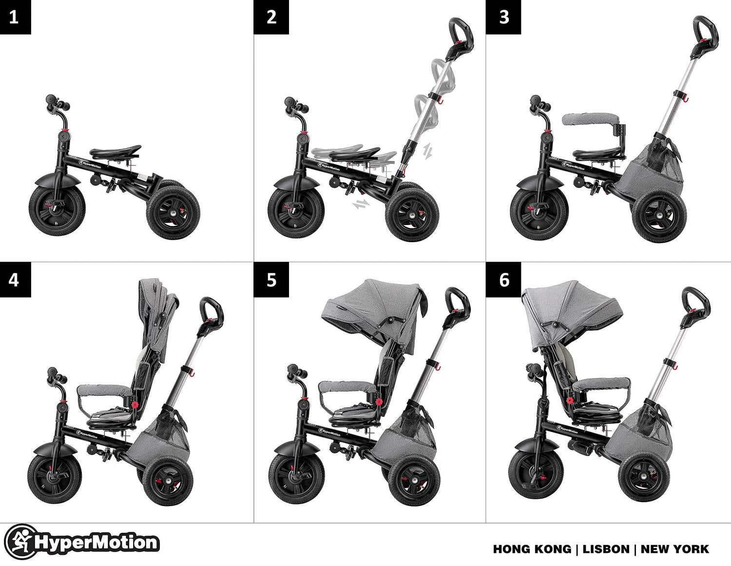 HyperMotion Triciclo Infantil 3 en 1 - Coche para Bebé con Asiento Giratorio y Cubierta de Lluvia - Triciclo Evolutivo 12 Meses a 5 Años, Plegable, Ruedas Bombeadas, 25kg, Gris