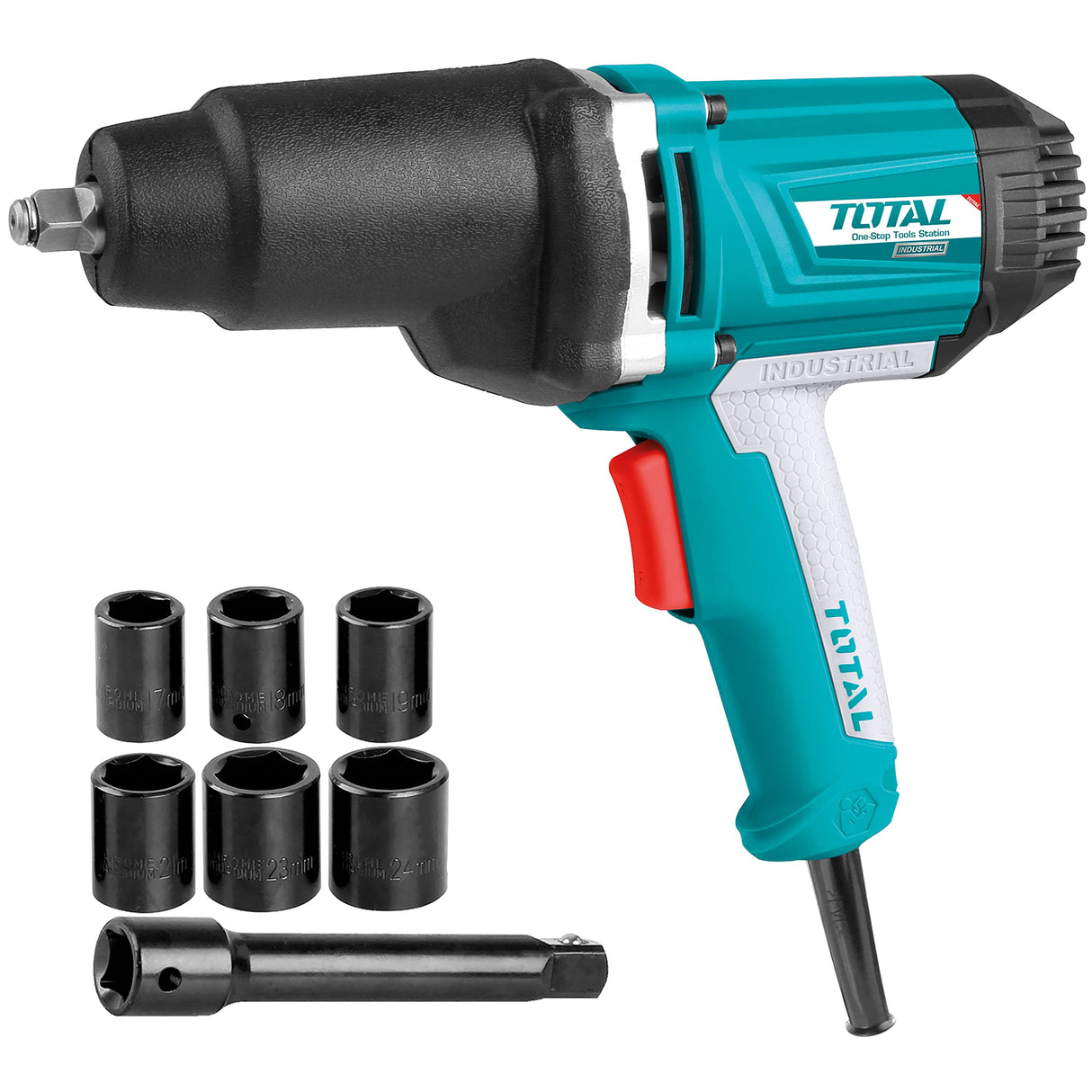 TOTAL - Llave de Impacto a Cable de 550 Nm - Pistola Neumática Eléctrica - Carcasa de Aluminio con Protector de Goma - Incluye un Adaptador y 6 Llaves de Vaso