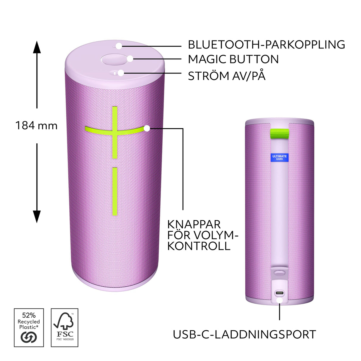 Ultimate Ears Boom 4 - Altavoz Bluetooth portátil Impermeable con 360 Grados, audaz, inmersivo, Sonido cristalino, Altavoz Flotante con batería de 15 Horas y Alcance de 45 m, USB-C, Lila