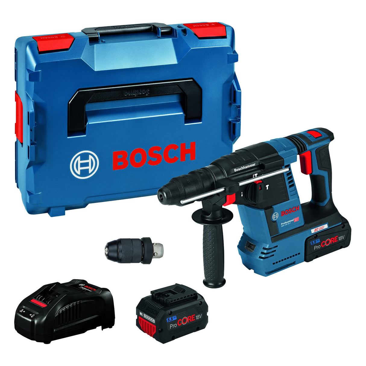 Bosch Professional GBH 18V-26 F - Martillo perforador a batería (18V, 2,6 J, Ø máx. 26 mm, SDS plus, aspiración de polvo GDE 18V-16, 2 baterías 5.5 Ah ProCORE18V, cargador, en L-BOXX)