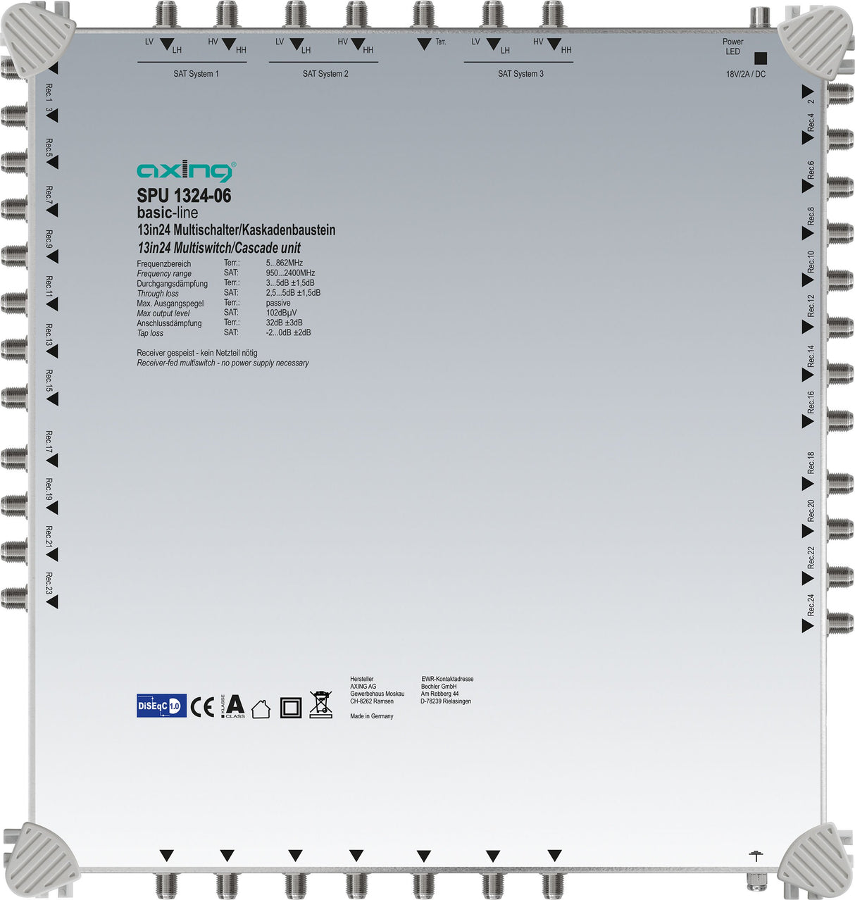 'AXING Multiconmutador 13 en "DiSEqC Multiswitch de Cascada Ampliable Sat Activo Gris Claro