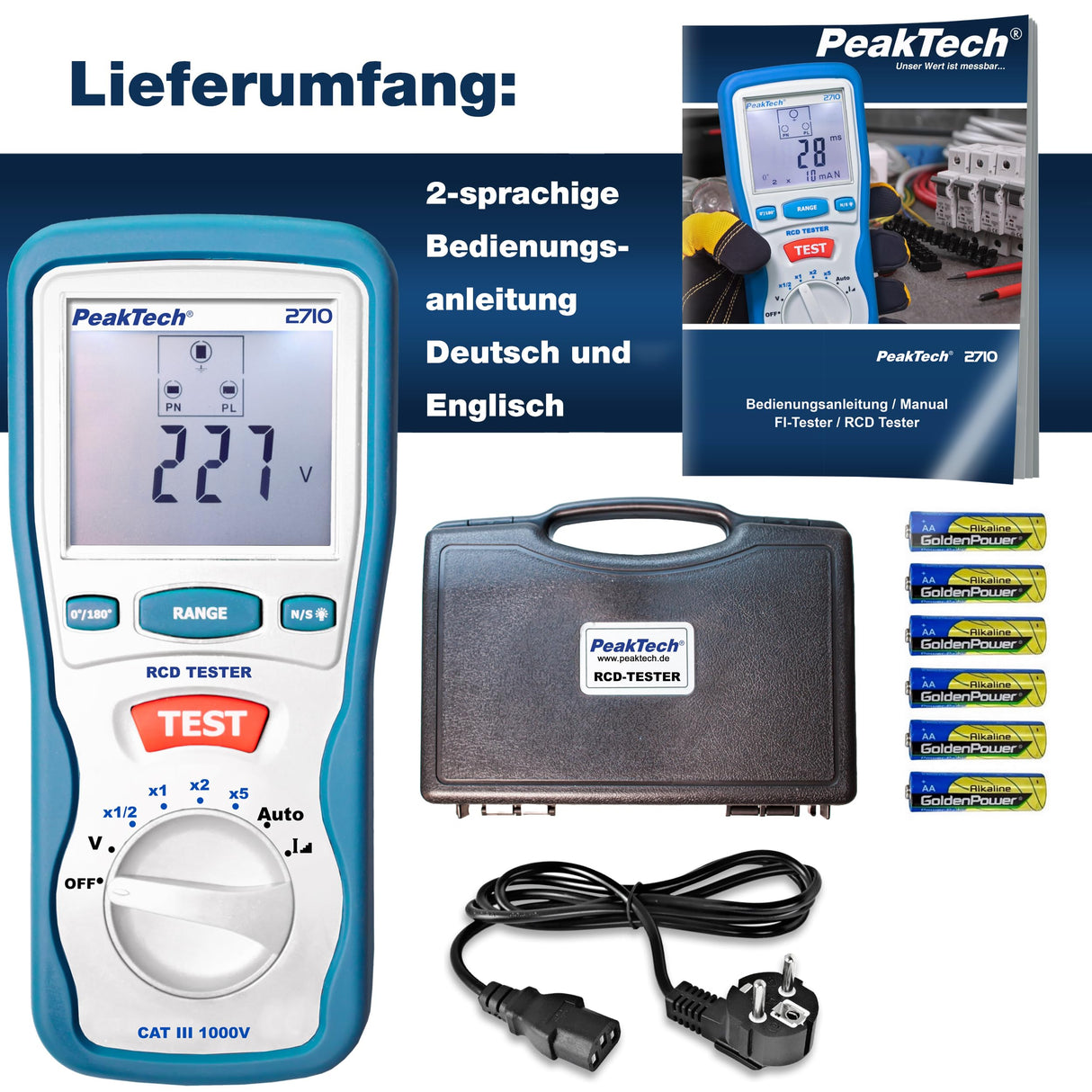 PeakTech 2710 – Probador digital de FI con pantalla LCD grande, disyuntor de corriente residual, cuchilla RCD, carcasa con doble aislamiento, voltaje de funcionamiento 230V / 50Hz - CAT III 600 V