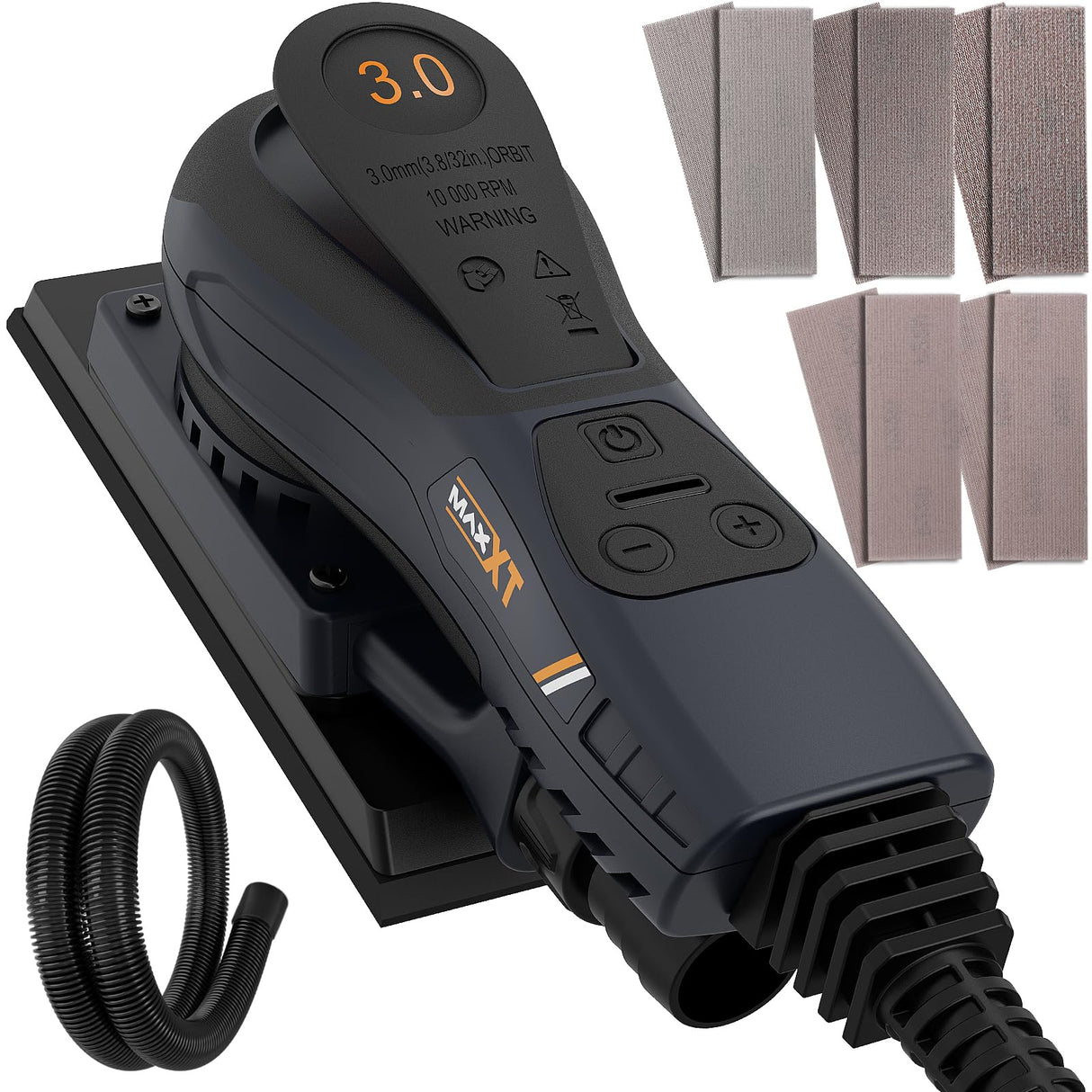 Lijadora orbital 3mm sin escobillas MAXXT, Lijadora electrica 350W velocidad ajustable-4000-10000/RPM, Freno automático-2s, Recolección automática polvo, superficie lijado(198 * 70mm)-10 papeles lija