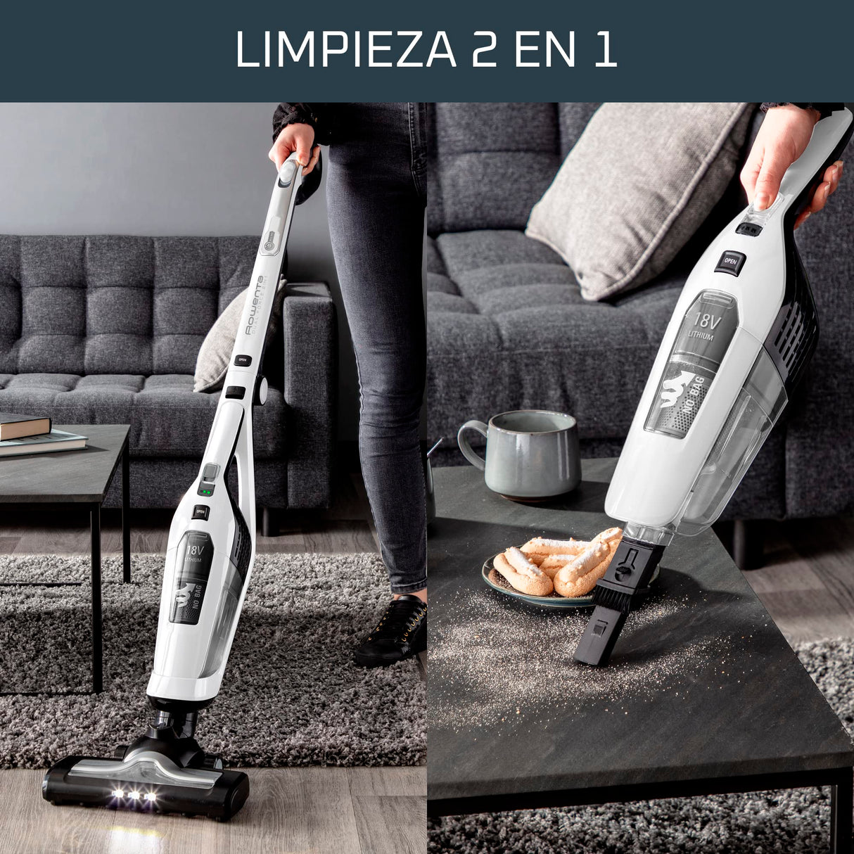 Rowenta Dual Force 2 en 1 RH6737 - Aspiradora 2 en 1 de mano y escoba eléctrica, cepillo motorizado con luces LED, batería 18 V, autonomía 45 min, sin cable, ligera y plegable, sin bolsa