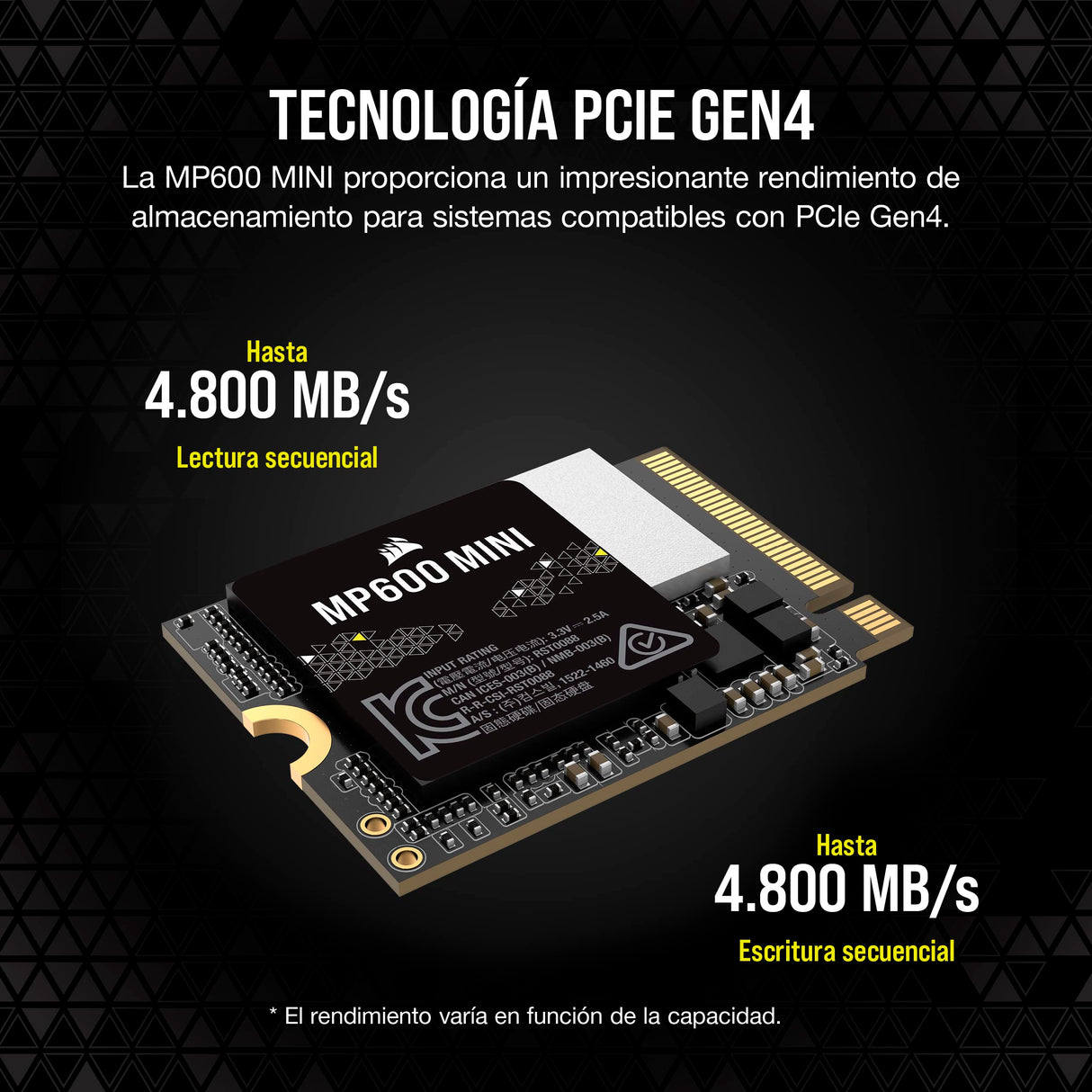 Corsair MP600 Mini 2 TB M.2 NVMe PCIe x4 Gen4 SSD – M.2 2230 – hasta 7.000MB/seg Lectura Secuencial – NAND 3D TLC de Alta Densidad – Ideal para Steam Deck y Microsoft Surface – Negro