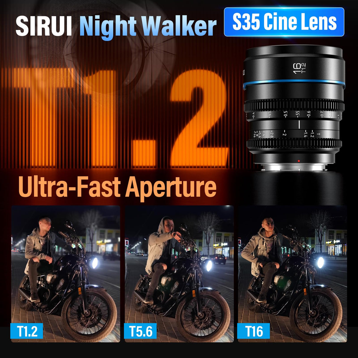 SIRUI Night Walker 16mm Lente de Cine con Enfoque Manual, T1.2 Large Aperture S35 Frame Wide Angle Prime Lens para E Montura Cameras, FX30, ZV-E10, A6400, A6700 (MS16E-B, Negro)