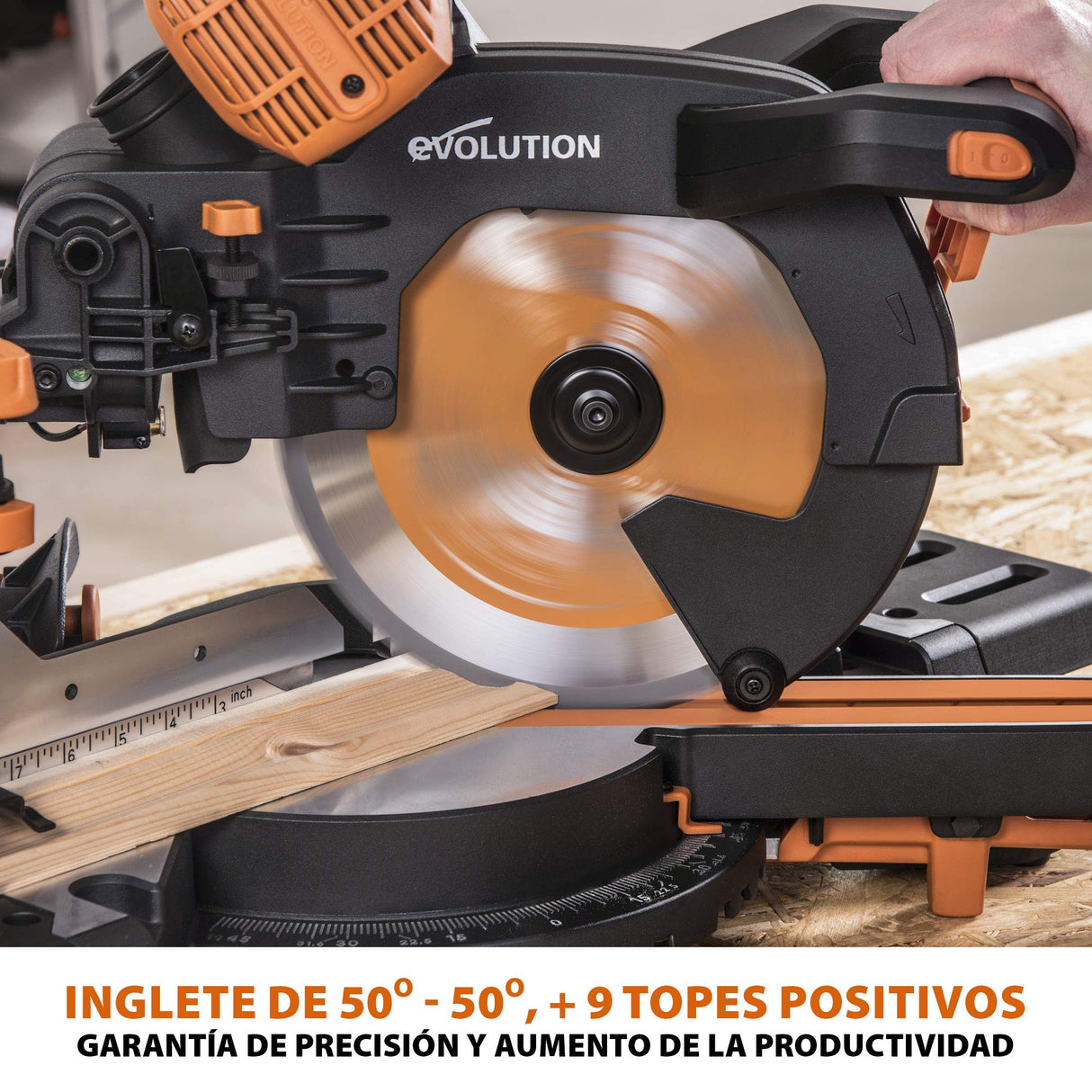 Evolution Power Tools R255SMS-DB ingletadora, Sierra ingletadora deslizante multimaterial de 255 mm, con doble bisel y paquete plus, hasta 300 mm x 90 mm, 5° a izquierda y derecha, inglete de 50°