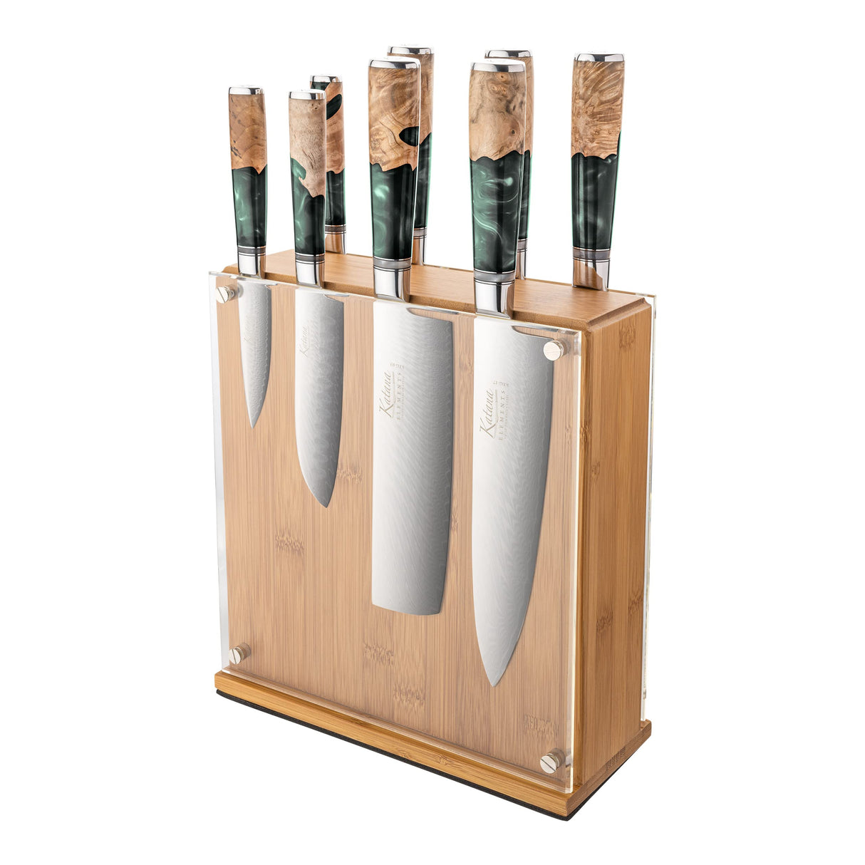 Juego de 9 piezas de cuchillos de cocina Katana Saya, verde lluvia, acero de Damasco VG-10 con mango de madera de olivo y resina (KEG-900/9B)
