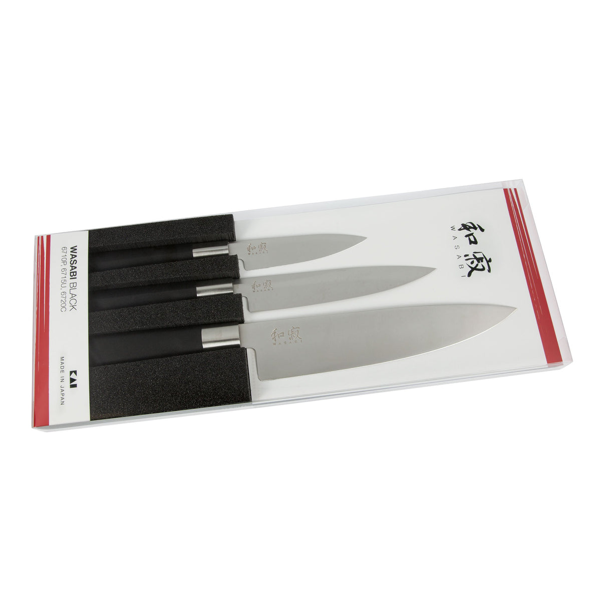 KAI Wasabi Black Juego de cuchillos 3 piezas - Cuchillo multiusos de 10 cm, Cuchillo multiusos de 15 cm, Cuchillo de chef de 20 cm - Acero inoxidable 6A/1K6 pulido 58 HRC Mango de polipropileno negro