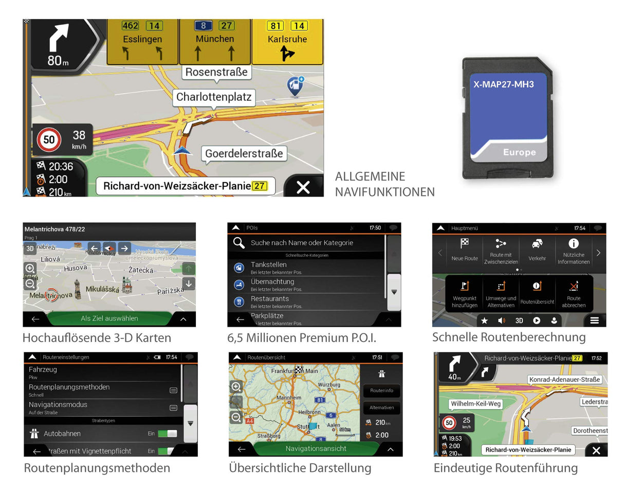 Xzent X-MAP27-MH3: Tarjeta Micro SD con navegación de Autocaravana para XZENT X-427 y X-F270, mapas para Europa, Camping P.O.I. Paquete de 3 años de actualizaciones gratuitas de mapas