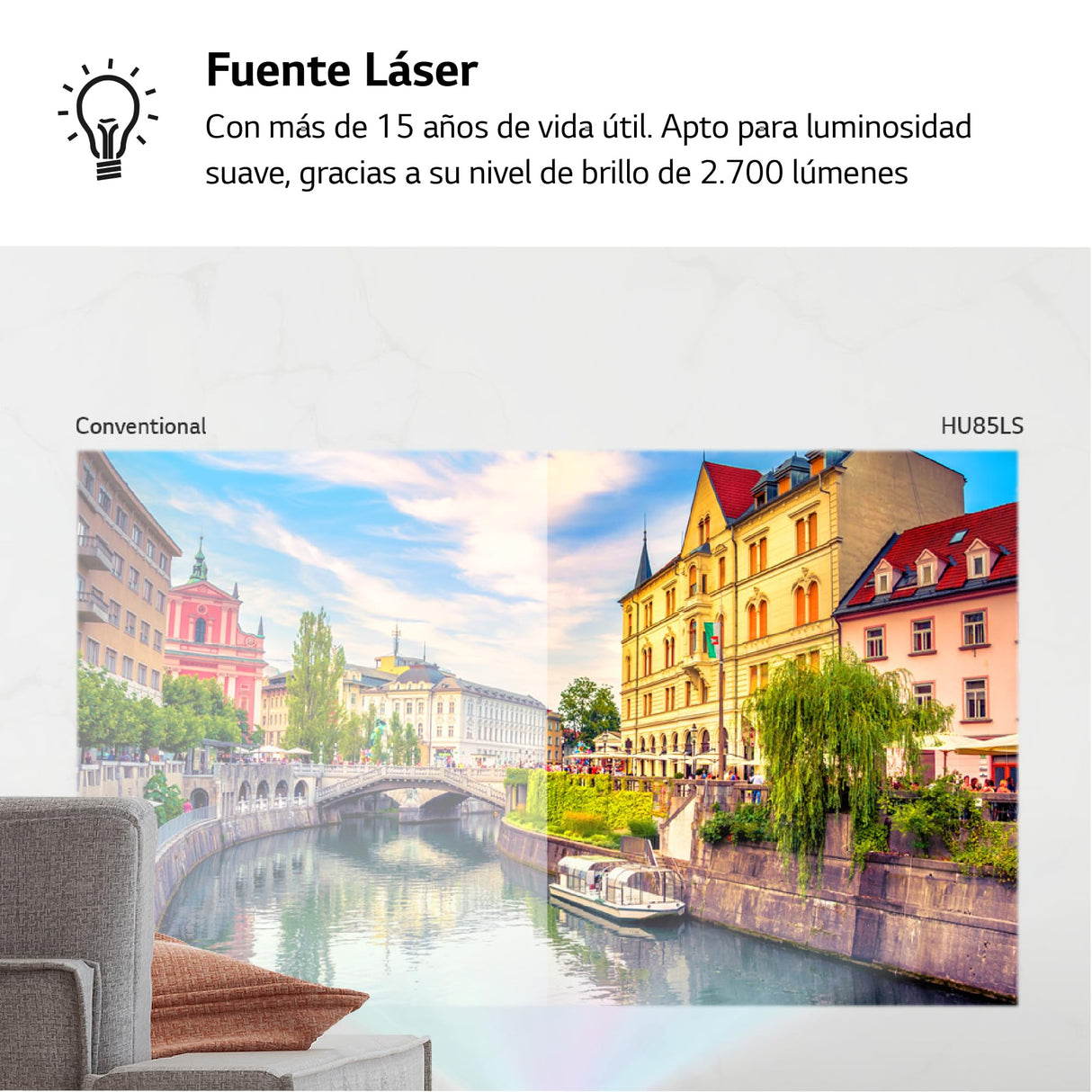 LG HU85LS - Proyector 4K, CineBeam, SmartTV, webOS 4.5, hasta 120 Pulgadas, Fuente Láser 3 Canales, 2.700 lúmenes, 3840 x 2160px, Dolby Surround Audio, Blanco