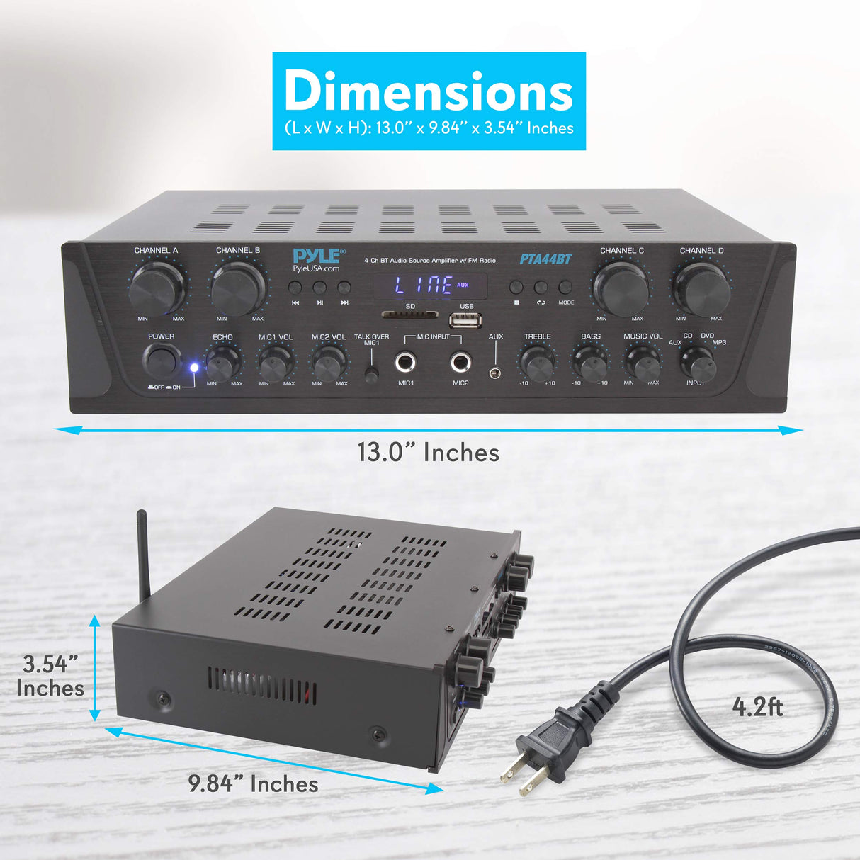 Pyle PTA44BT - Amplificador Bluetooth inalámbrico de 500 W, Audio estéreo de 4 Canales, Receptor de Potencia de Sonido con Entrada AUX, FM, Altavoces de subwoofer RCA, USB, Entrada de micrófono con