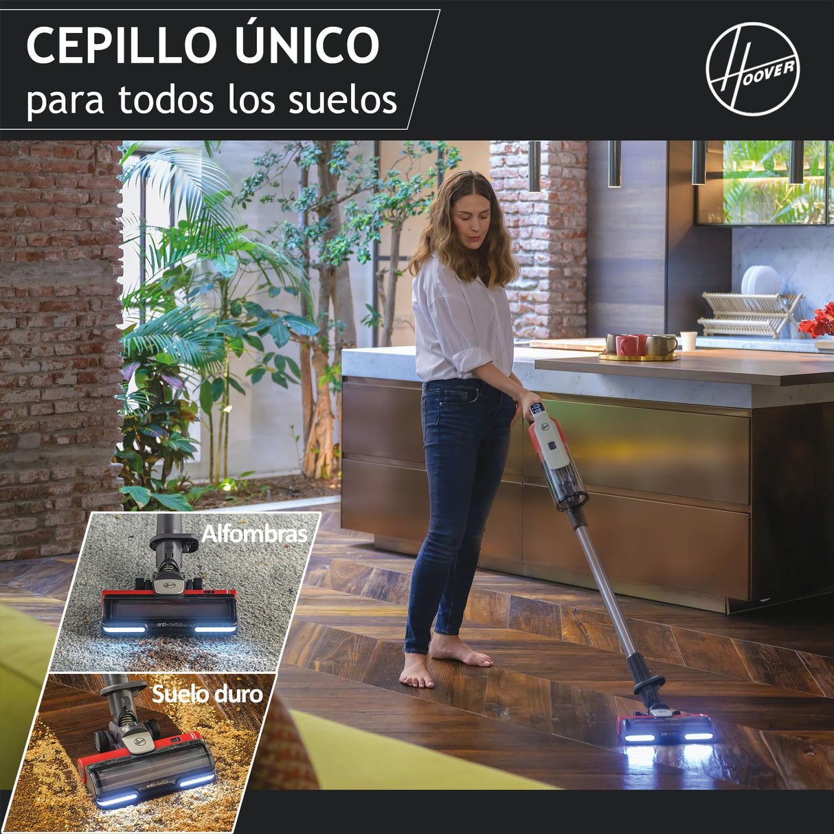 Hoover HF9 Home HF910H, Aspiradora Escoba sin Cable, sin Bolsa, 3 en 1, Escoba, de Mano y Vertical, Cepillo Antienredos, Autonomía 30 min, Color Gris/Rojo