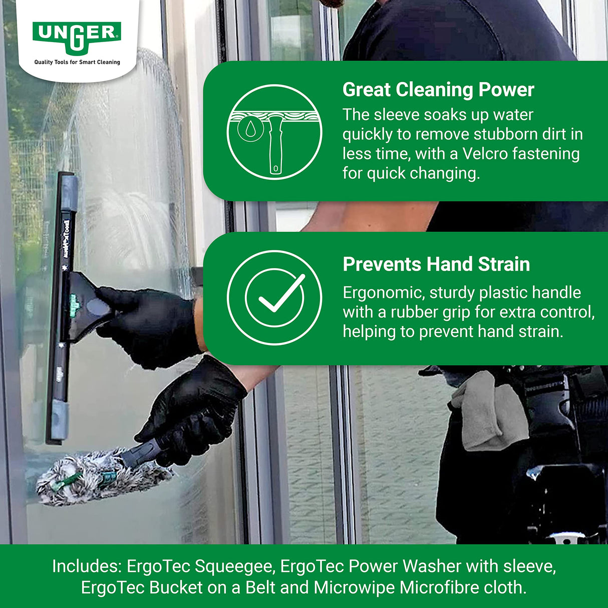 Unger Ninja Premium Glass Cleaner Set (Productos de alto rendimiento para limpieza profesional de cristales, 4 piezas) AKN12