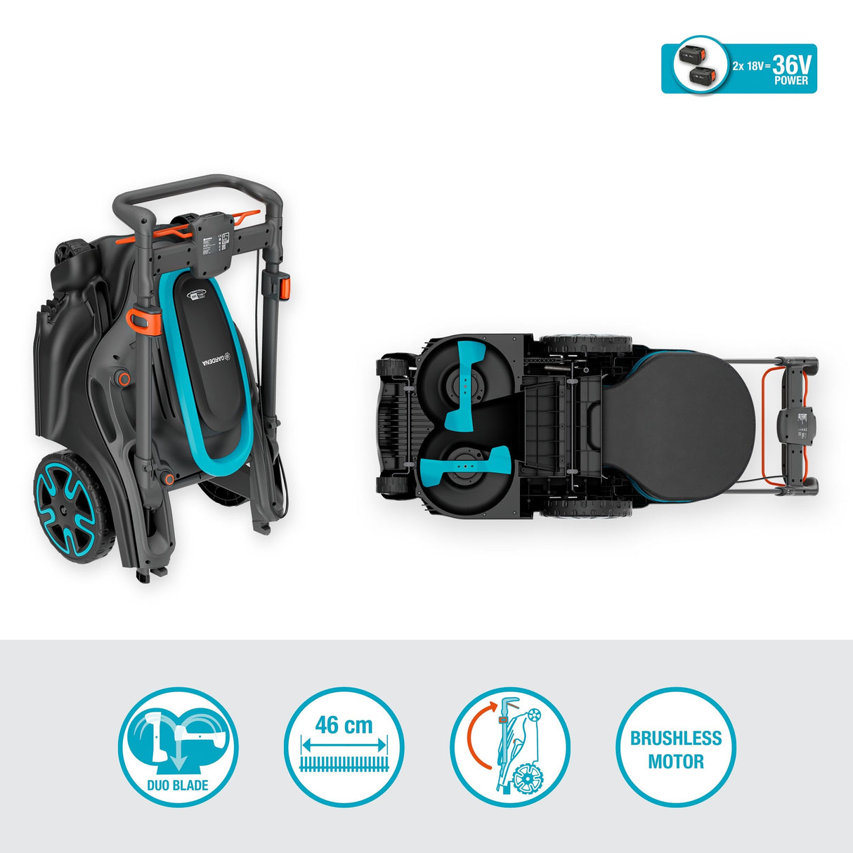 GARDENA Cortacésped de Alto Rendimiento PowerMax Duo 46/36V de Doble Cuchilla con batería P4A