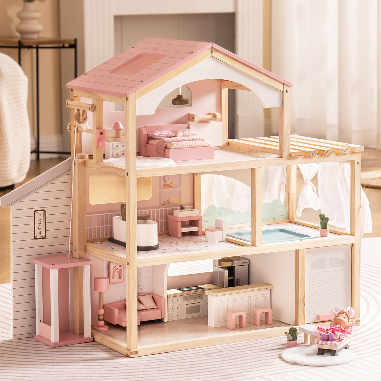 ROBUD Casa de muñecas de Madera,Villa de muñecas con Muebles,con Ascensor, Garaje, cenador y Piscina,Regalo para niños a Partir de 3, 4, 5, 6 años y Mayores,Rosa
