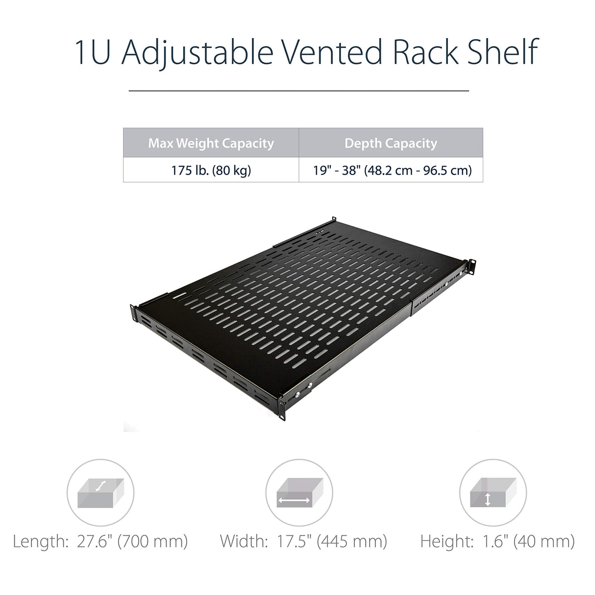StarTech.com Estante Ajustable 1U Ventilado para Rack de Servidores, 79,3kg, Bandeja Universal de 19 Pulgadas Ajustable de 49,5 a 96,5cm, 27,5" ( 69,8cm) de Profundidad (ADJSHELF)