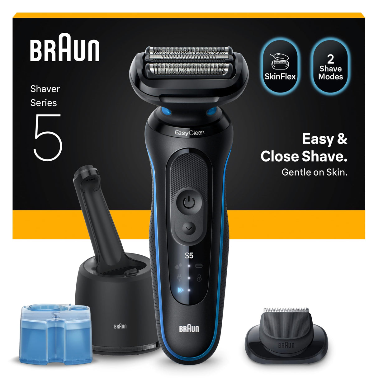 Braun Afeitadora Eléctrica Hombre Series 5, Máquina De Afeitar En Seco Y Mojado, 2 Modos De Afeitado, 50 Min De Uso, Centro De Limpieza, Recortadora De Precisión, Estuche De Viaje, 52-B7200CC, Azul