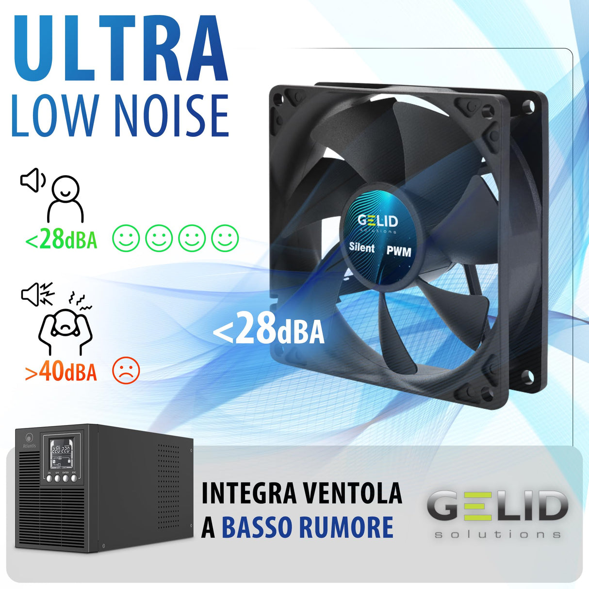 Atlantis A03-OP1002XLN Online 88% Quieter Server UPS Double Conversion Pure Sine Wave 1000VA 700W, Low Noise Fan Gelid 23,6 dBA, USB,2 Schuko + 1 IEC, 2x12V-9Ah