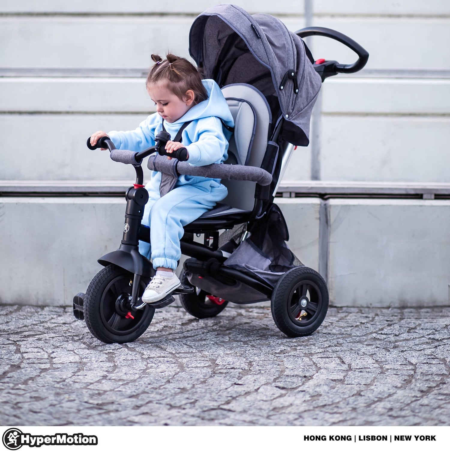 HyperMotion Triciclo Infantil 3 en 1 - Coche para Bebé con Asiento Giratorio y Cubierta de Lluvia - Triciclo Evolutivo 12 Meses a 5 Años, Plegable, Ruedas Bombeadas, 25kg, Gris
