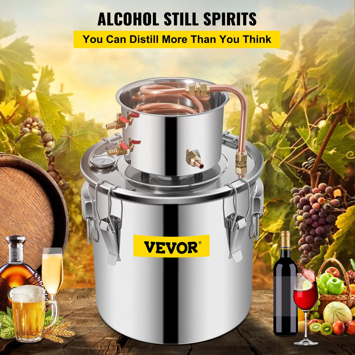 VEVOR Destilador de Alcohol de Agua 19 L Kit de Destilación con Bomba de Circulación, Tubo de Cobre para Alambique de Alcohol con Termómetro Incorporado para Whisky, Alcohol DIY, Acero Inoxidable