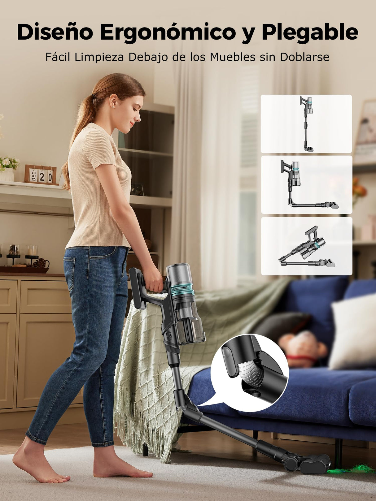 Proscenic P16 Aspiradora sin Cable 55Kpa/550W/65Mins, Aspiradora Escoba Vertical con Tubo Plegable, Cepillo Anti-Enredo y Pantalla Táctile LED para Suelo/Alfombra/Pelos de Mascotas