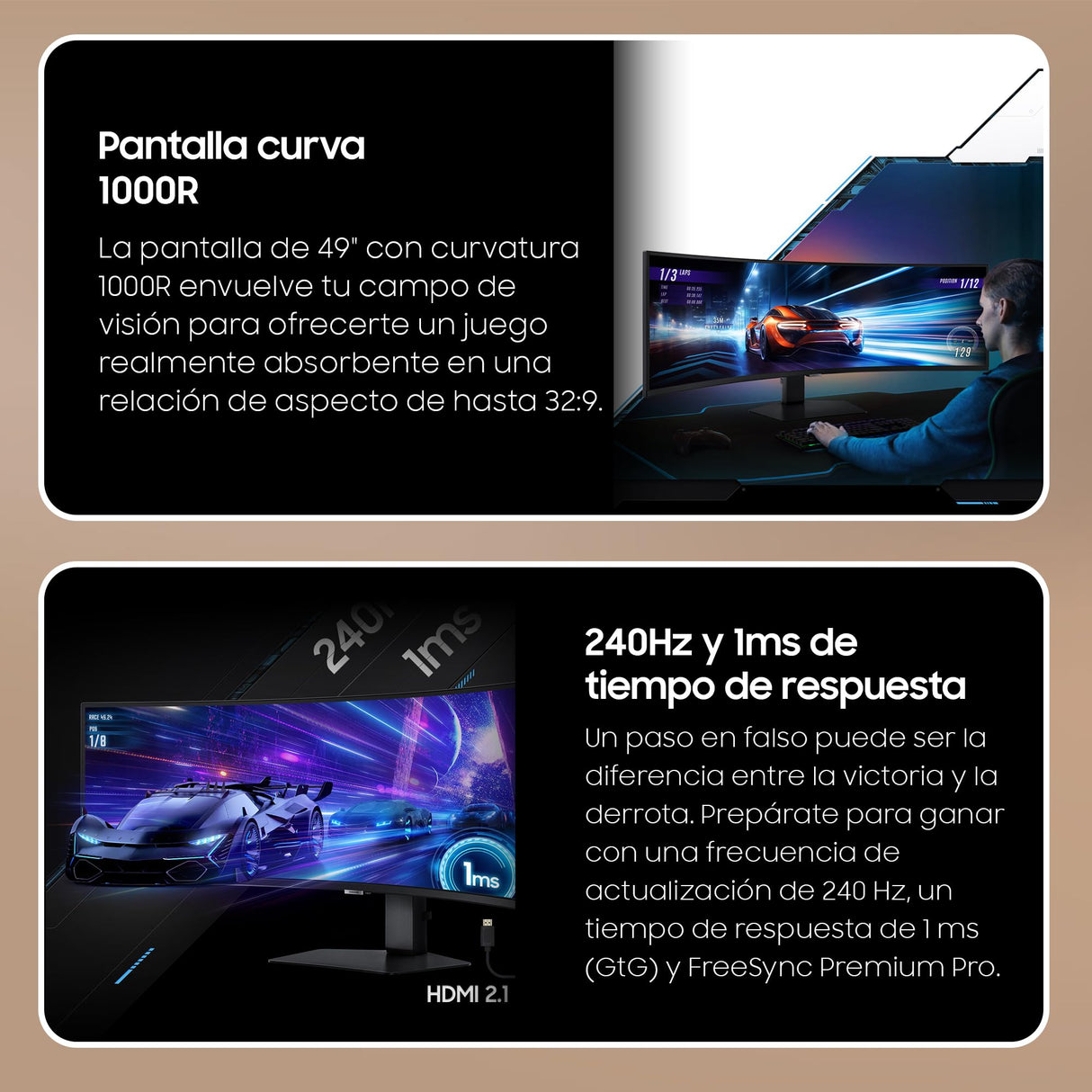 SAMSUNG LS49CG954EUXEN - Monitor Curvo Gaming 49'' Dual QHD, 5120x1440, 32:9, 2500:1, 1000R, 240 Hz, 1 ms, 360 CD/m², HDMI, FreeSync Premium Pro, Negro