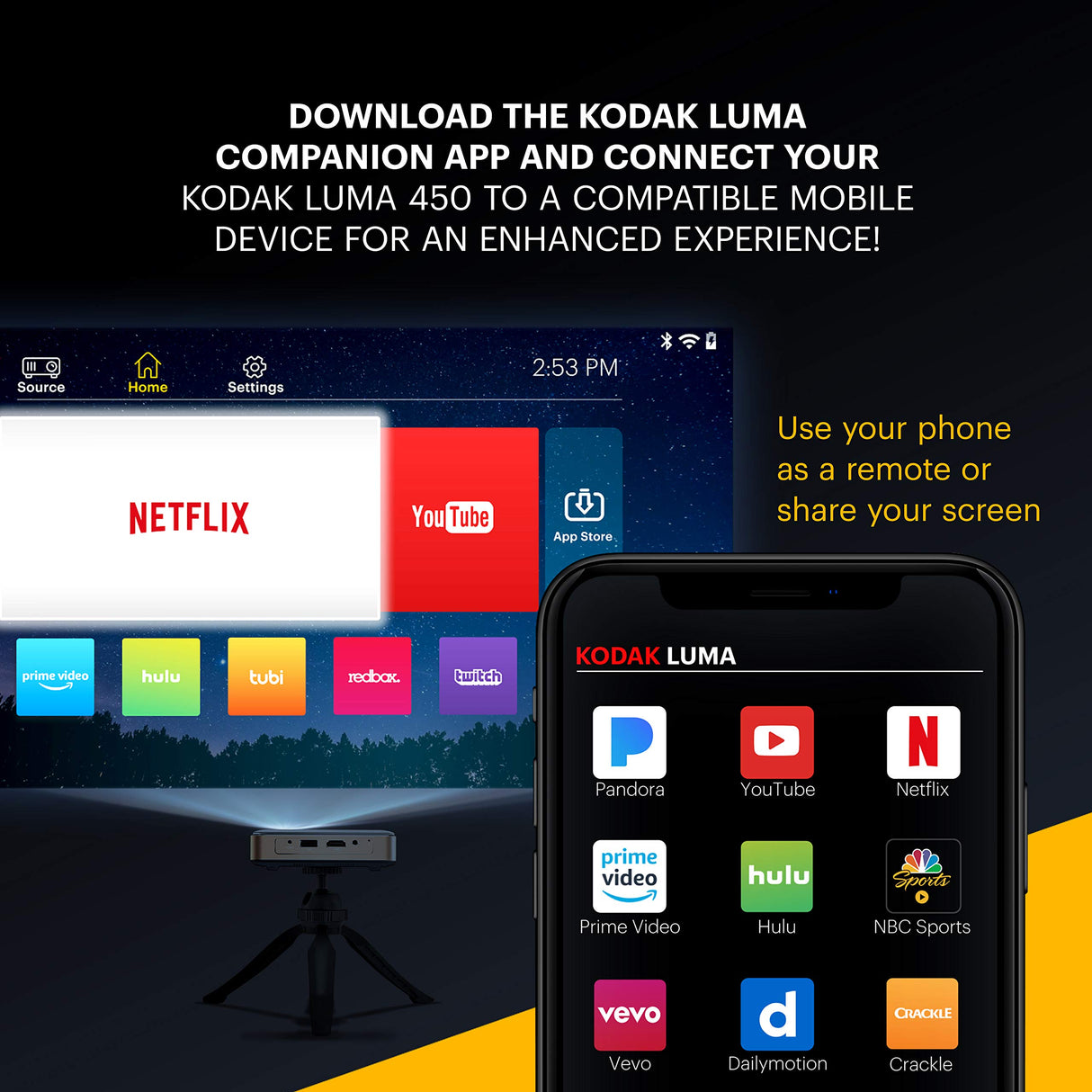 KODAK Luma 450 - Proyector portátil Inteligente HD, Compatible con Wi-Fi, Bluetooth, HDMI y USB, resolución nativa de 1080p (4K) hasta 150 Pulgadas, 200 lúmenes ANSI - Trípode Incluido