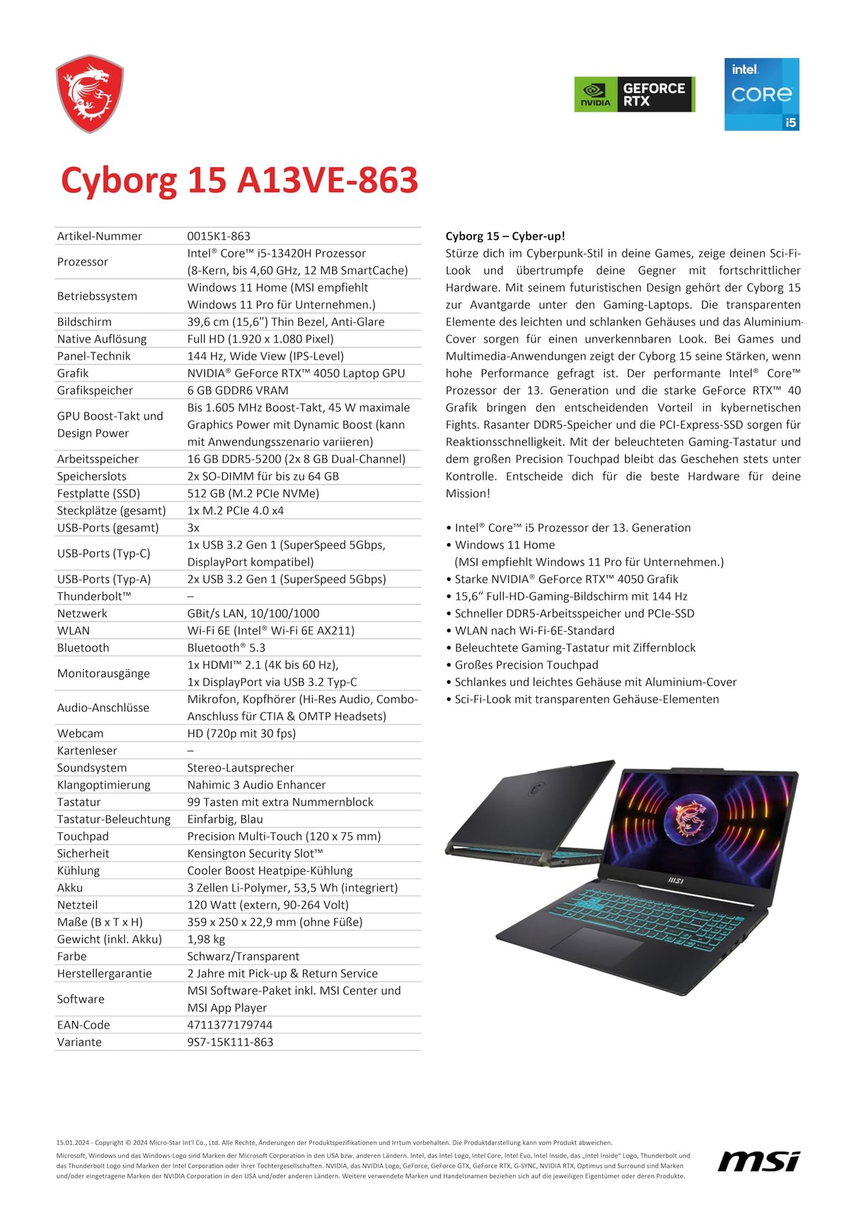 MSI Cyborg 15 - Ordenador portátil para Juegos, 15,6", Full HD 144Hz, Intel Core i5-13420H, NVIDIA GeForce RTX 4050, 16GB DDR5, SSD 512GB, Windows 11 Home, Teclado QWERTZ, A13VE-863, Negro