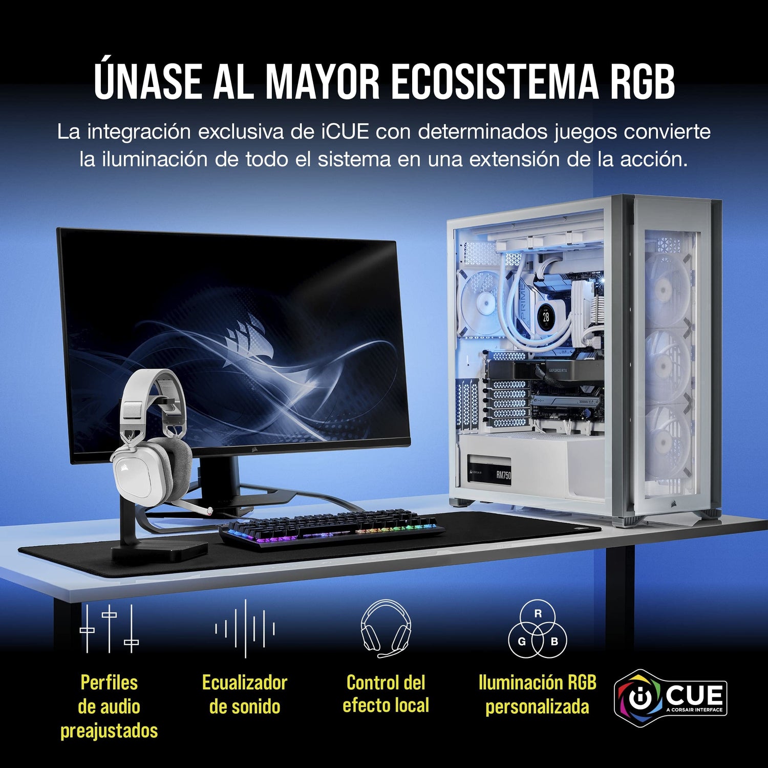 Corsair HS80 RGB WIRELESS Auriculares Inalámbricos para Juegos Multiplataforma RGB - Dolby Atmos - Micrófono Omnidireccional - Compatible con iCUE - PC, Mac, PS5, PS4 - Blanco