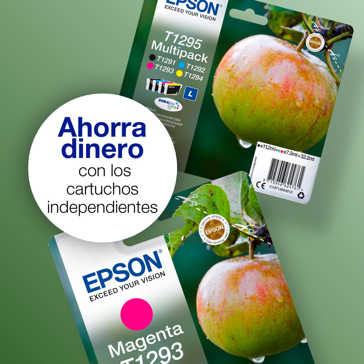 Epson T1295 - Pack de 4 cartuchos de tinta, tricolor y negro válido para los modelos WorkForce, Stylus, Stylus Office y otros, Ya disponible en Amazon Dash Replenishment