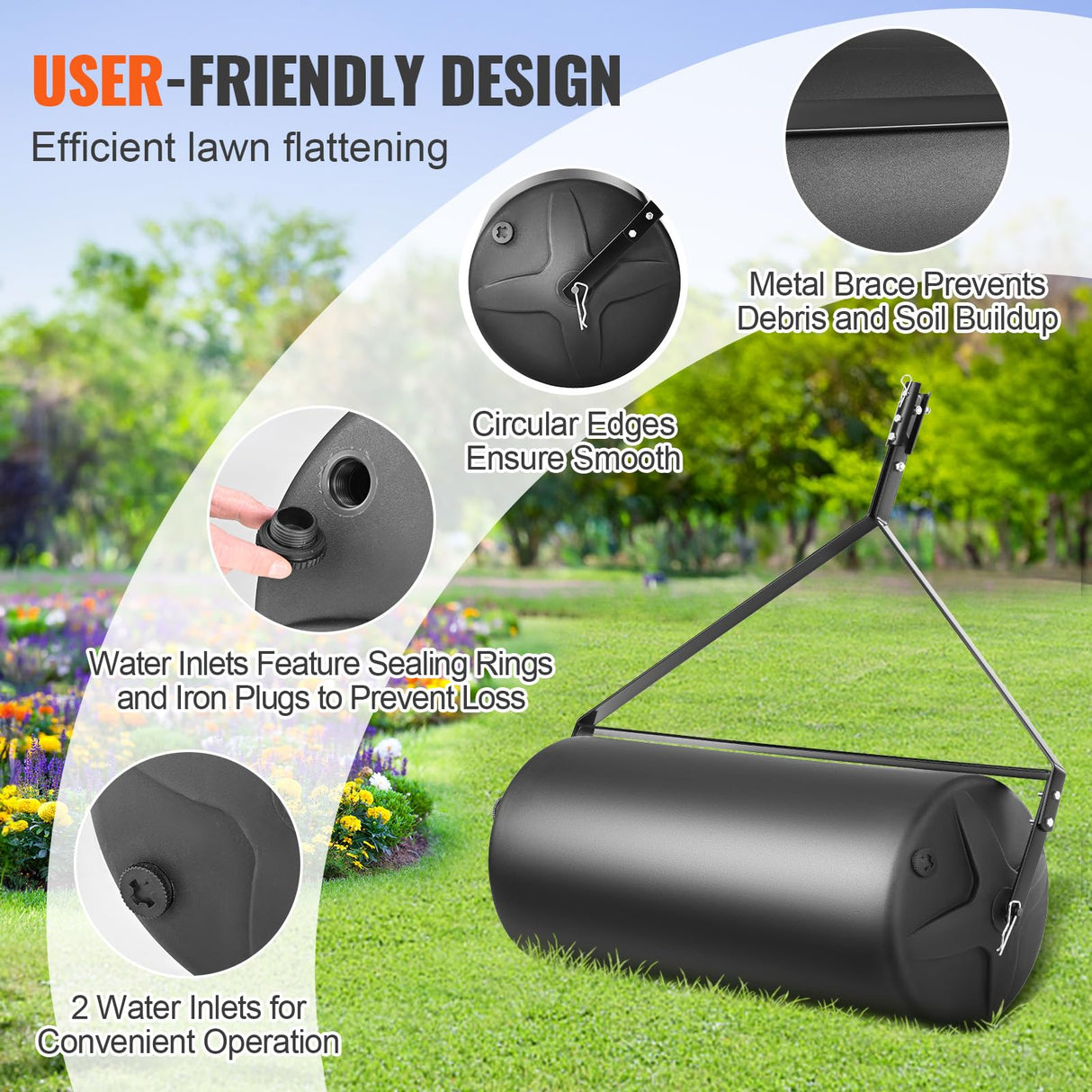 VEVOR Rodillo para Césped 400 Libras 181 L Rodillo para Jardín Relleno de Arena/Agua LLDPE Rodillo para Césped Marco de Acero con Tapa Fácil Giro Remolque Detrás del Tractor ATV para Jardín Granja