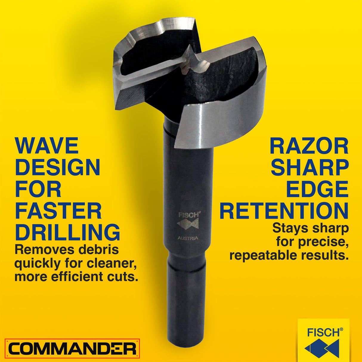 Fisch FSA-375005 - Juego de 16 brocas Forstner de tiburón negro, caja de madera personalizada, incluye brocas de 15 mm hasta 35 mm y acero forjado de 1/4 pulgadas hasta 2 pulgadas de diámetro,