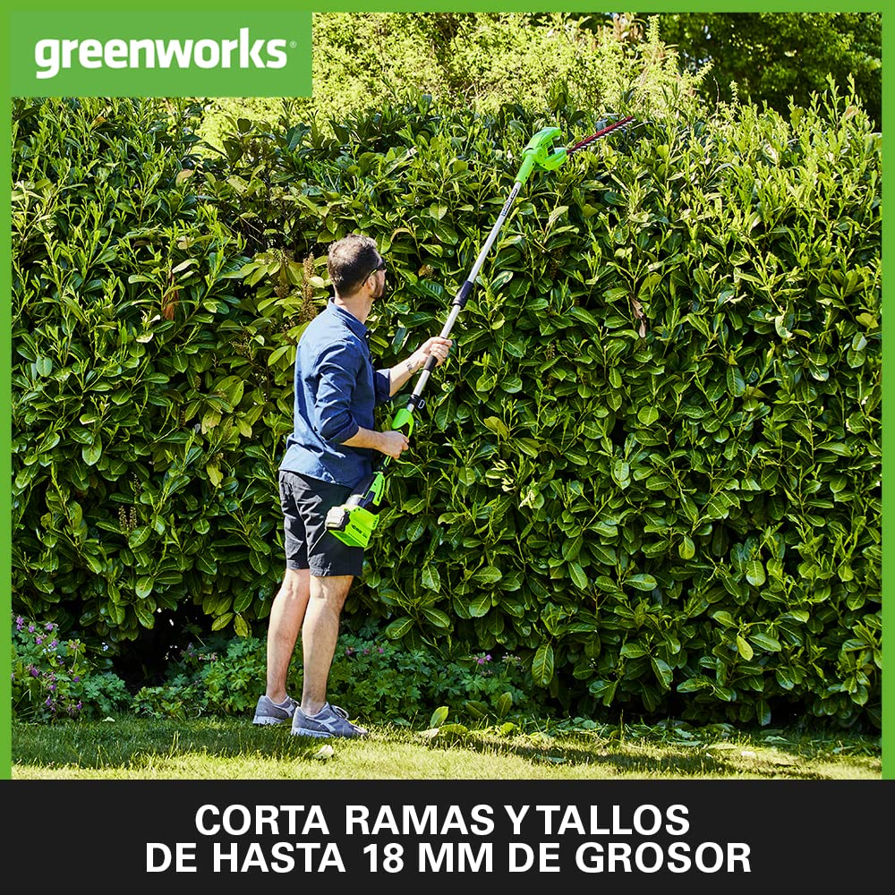 Greenworks G40PHAK2 Cortasetos Pértiga a Batería Eje Divisible, Cuchillas Doble Acción 51 cm, Corta Ramas 18 mm Grosor, Pivote Cabezal 125°, 3000 spm, Batería 40 V 2 Ah y Cargador
