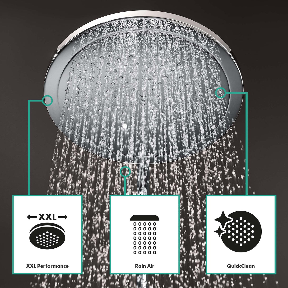 hansgrohe Croma Select S - sistema de ducha con termostato, ducha lluvia (280 mm) con grifo, ducha de mano (3 tipos de chorro), flexo, barra, ducha fija redondo (1 tipo de chorro), cromo, 26790000