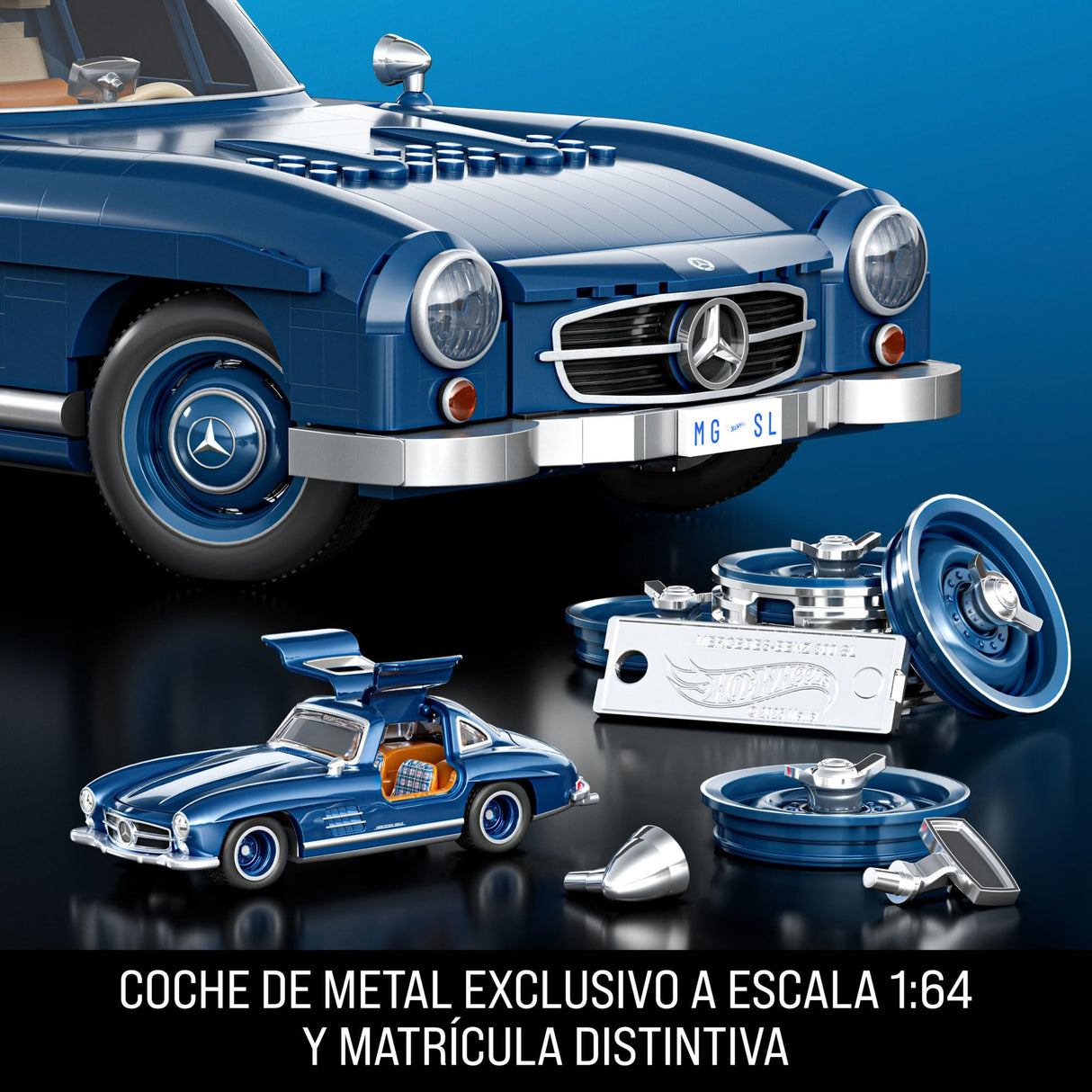 Mattel Brick Shop Hot Wheels Premium Series , juego de construcción Mercedes-Benz 300 SL. 1600 piezas, detalles realistas y piezas metálicas, para adultos coleccionistas, HWW25