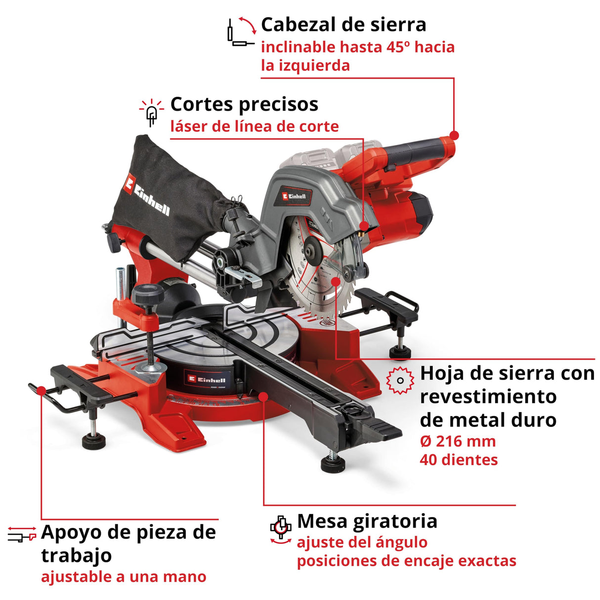 Einhell Sierra de tracción, vaivén e inglete con batería TE-SM 36/8 L Li-Solo Power X-Change (36V, hoja de sierra Ø 216, mesa giratoria, función de tracción, láser de línea de corte, sin batería)