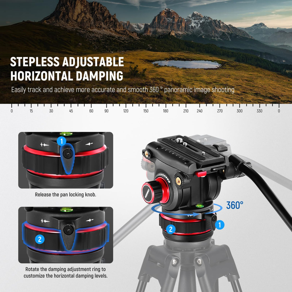 NEEWER Cabezal Fluido para Trípode de Video Resistente con Amortiguación, Placa de Liberación Rápida, Compatible con dji RS Gimbals, Mango Ajustable, Base de ⌀75mm, Carga Máxima 10kg, GM006