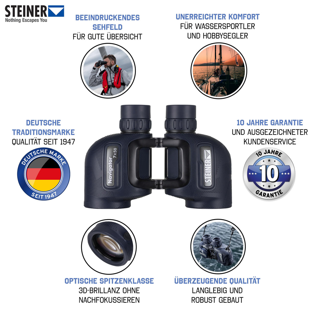 STEINER Prismáticos marinos Navigator 7x50 - Óptica de calidad alemana, alto nivel de detalle, puente abierto, 5m impermeable, hecho para entusiastas de los deportes acuáticos y navegantes aficionados